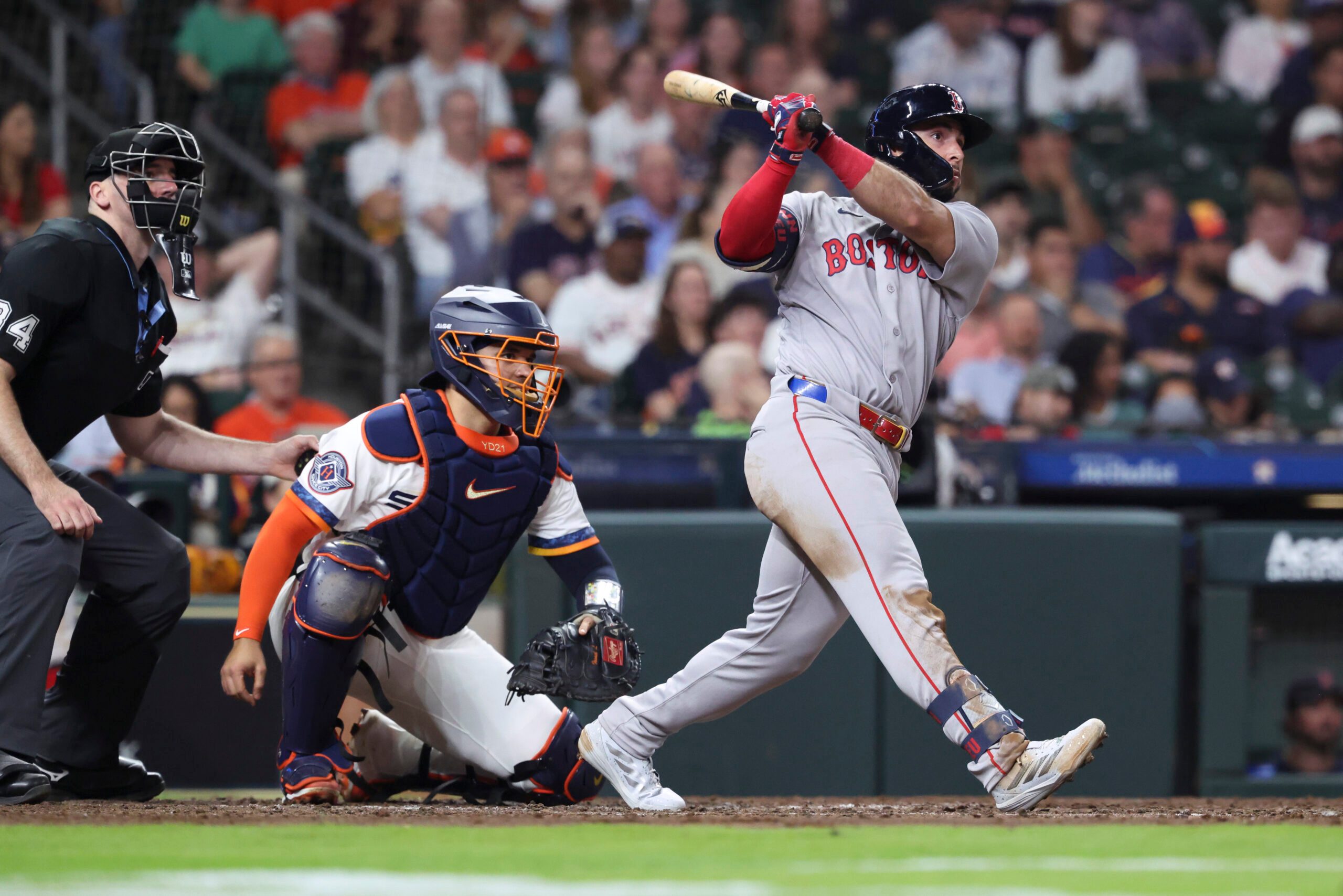 Mar 30, 2026; Houston, Texas, USA; Boston Red Sox right fielder Wilyer Abreu (52) drives in a run with a double during the seventh inning against the Houston Astros at Daikin Park. Mandatory Credit: Troy Taormina-Imagn Images