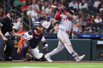 Mar 30, 2026; Houston, Texas, USA; Boston Red Sox right fielder Wilyer Abreu (52) drives in a run with a double during the seventh inning against the Houston Astros at Daikin Park. Mandatory Credit: Troy Taormina-Imagn Images