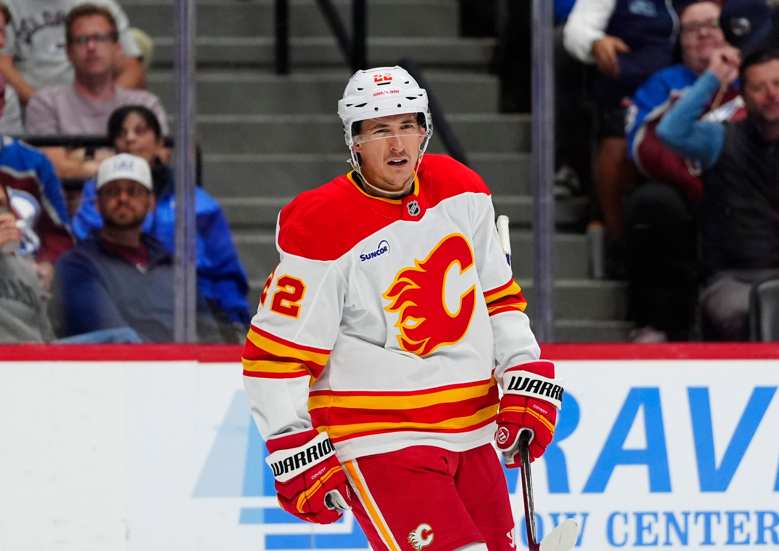 Mar 30, 2026; Denver, Colorado, USA; Calgary Flames center Ryan Strome (22) celebrates a goal in the third period against the Colorado Avalanche at Ball Arena. Mandatory Credit: Ron Chenoy-Imagn Images
