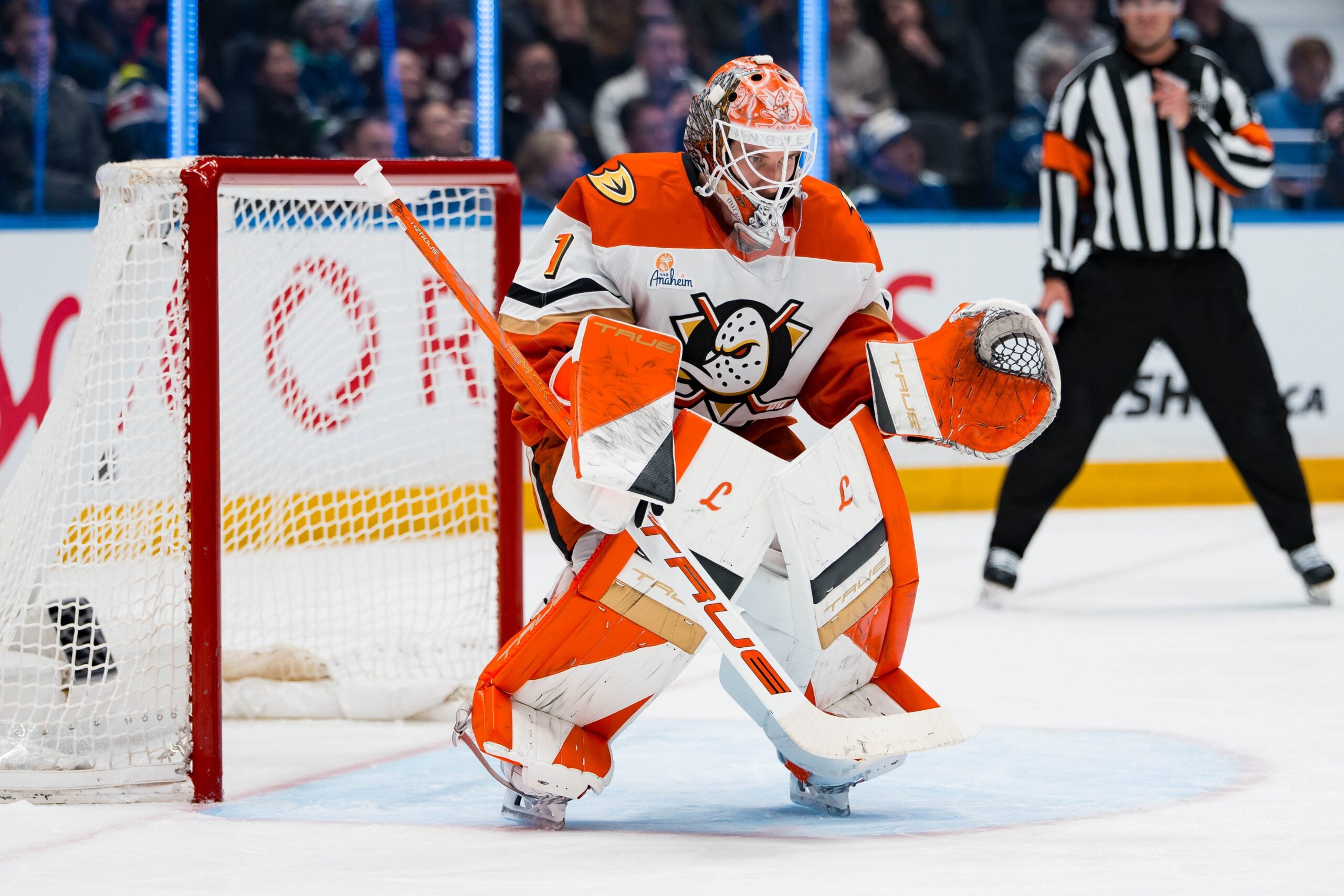 Mar 24, 2026; Vancouver, British Columbia, CAN; Anaheim Ducks goalie Lukas Dostal (1) in the net against the Vancouver Canucks in the second period at Rogers Arena. Mandatory Credit: Bob Frid-Imagn Images