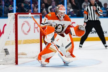 Mar 24, 2026; Vancouver, British Columbia, CAN; Anaheim Ducks goalie Lukas Dostal (1) in the net against the Vancouver Canucks in the second period at Rogers Arena. Mandatory Credit: Bob Frid-Imagn Images