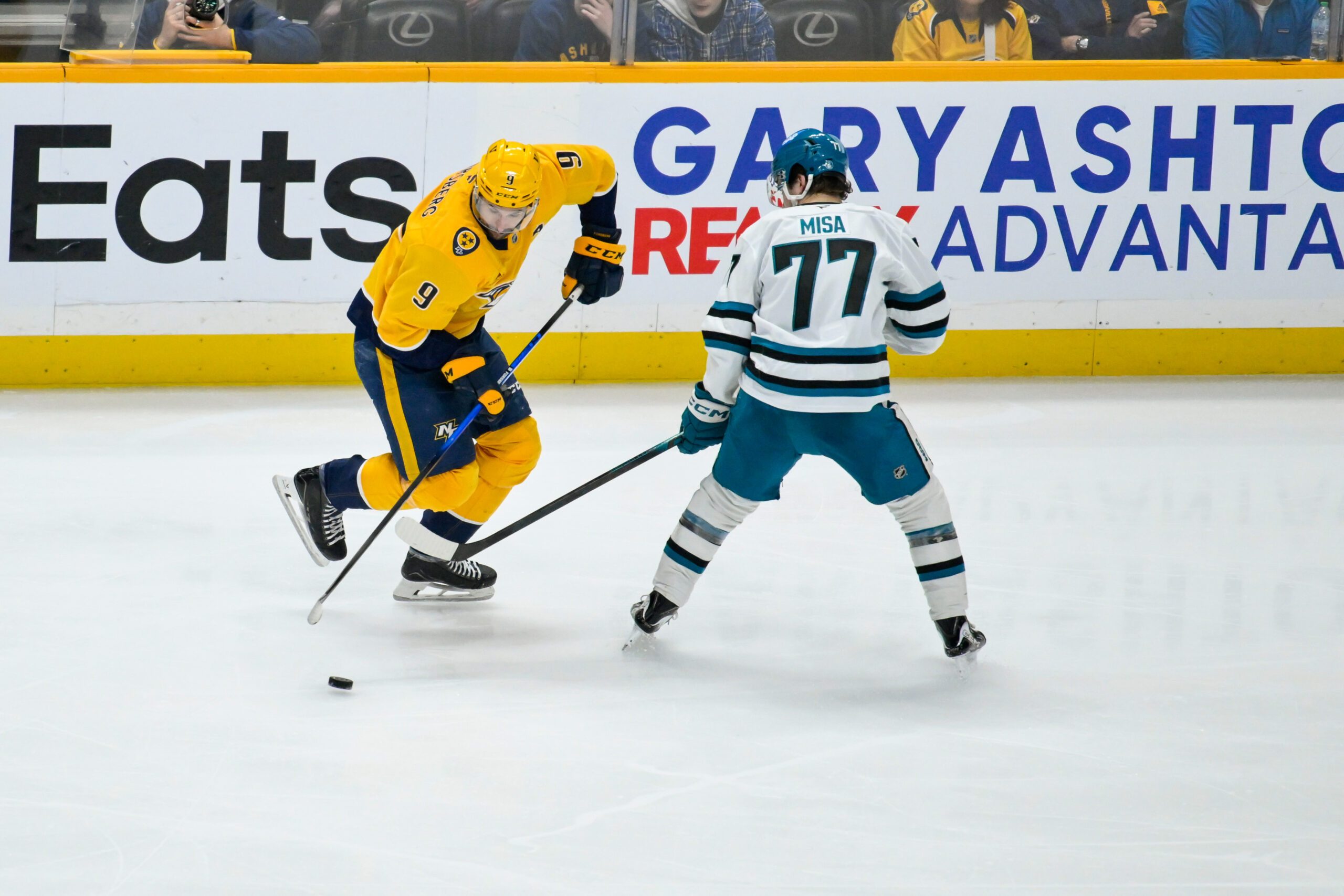 Mar 24, 2026; Nashville, Tennessee, USA; Nashville Predators left wing Filip Forsberg (9) skates with the puck against the San Jose Sharks during the third period at Bridgestone Arena. Mandatory Credit: Steve Roberts-Imagn Images