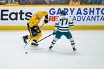 Mar 24, 2026; Nashville, Tennessee, USA;  Nashville Predators left wing Filip Forsberg (9) skates with the puck against the San Jose Sharks during the third period at Bridgestone Arena. Mandatory Credit: Steve Roberts-Imagn Images