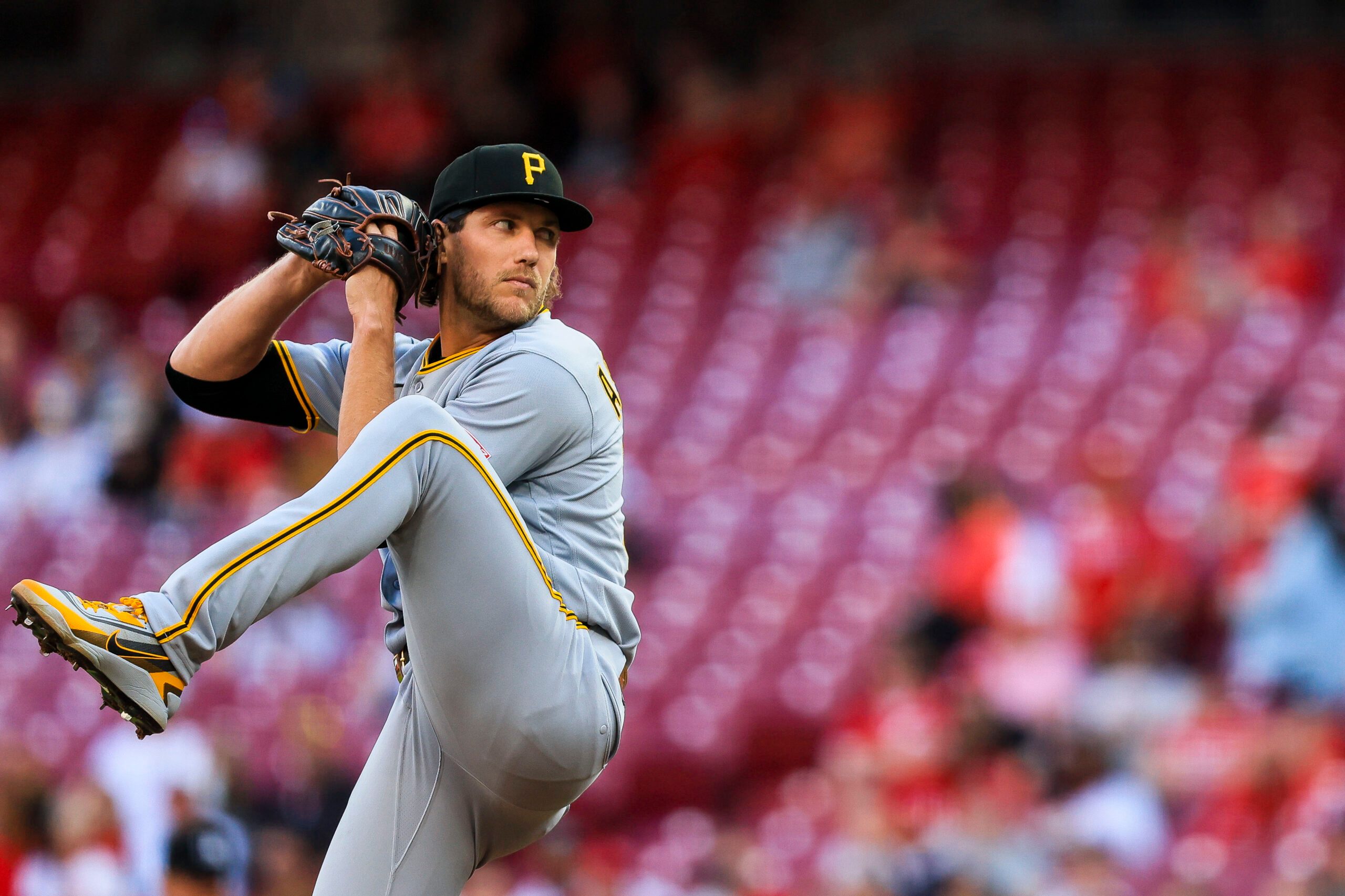 Mar 30, 2026; Cincinnati, Ohio, USA; Pittsburgh Pirates starting pitcher Braxton Ashcraft (35) pitches against the Cincinnati Reds in the first inning at Great American Ball Park. Mandatory Credit: Katie Stratman-Imagn Images