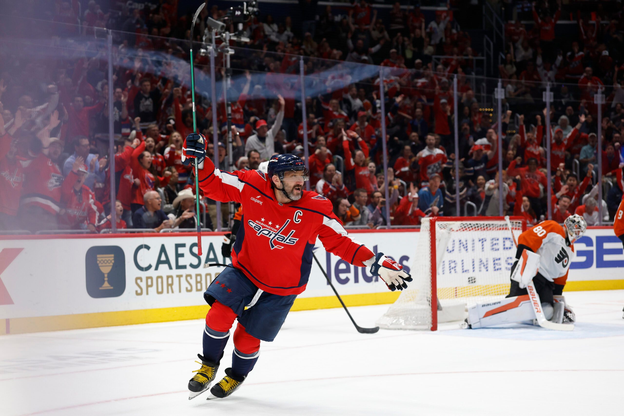 Mar 31, 2026; Washington, District of Columbia, USA; Washington Capitals left wing Alex Ovechkin (8) scores a goal on Philadelphia Flyers goaltender Dan Vladar (80) during the first period at Capital One Arena. Mandatory Credit: Geoff Burke-Imagn Images
