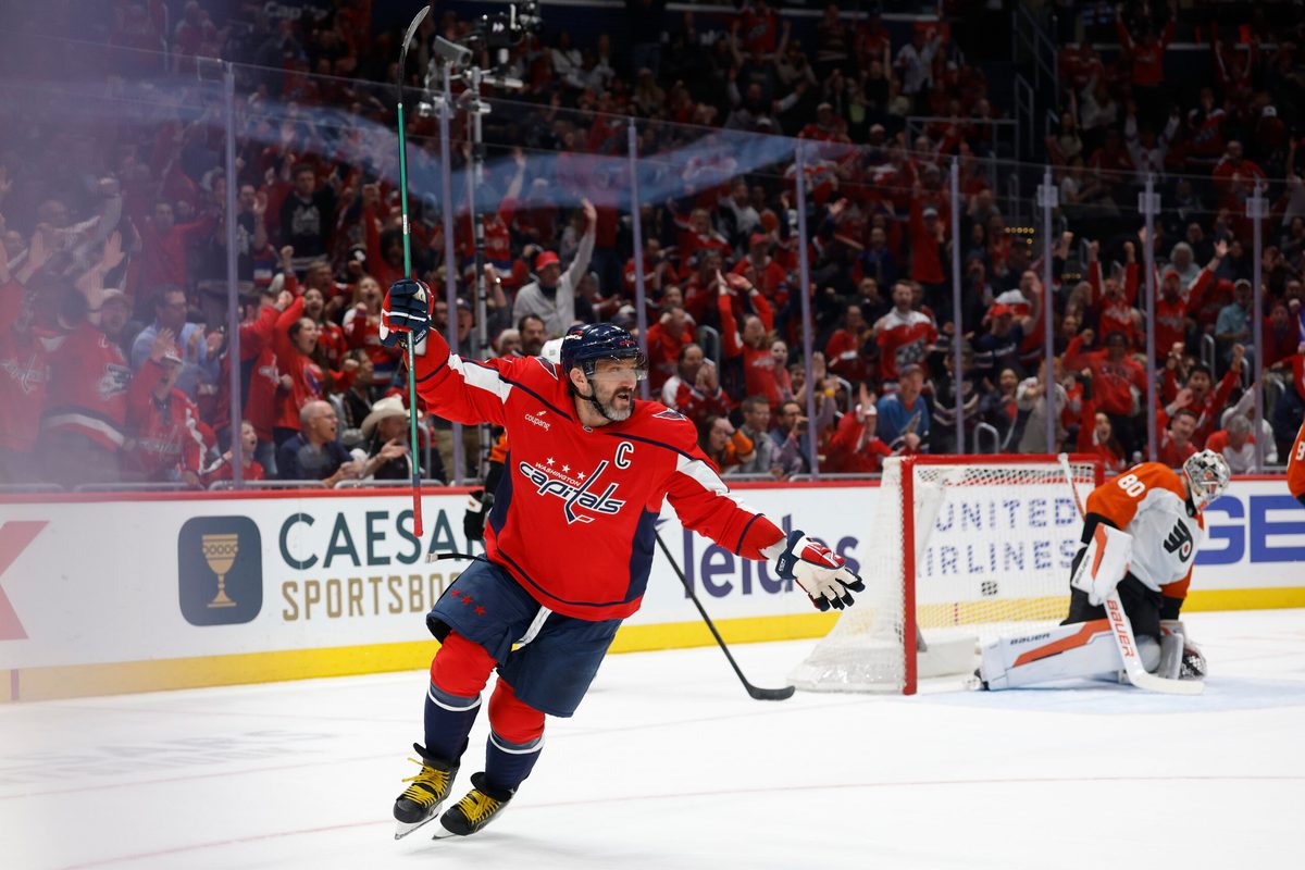 Mar 31, 2026; Washington, District of Columbia, USA; Washington Capitals left wing Alex Ovechkin (8) scores a goal on Philadelphia Flyers goaltender Dan Vladar (80) during the first period at Capital One Arena. Mandatory Credit: Geoff Burke-Imagn Images