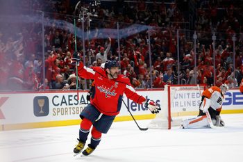 Mar 31, 2026; Washington, District of Columbia, USA; Washington Capitals left wing Alex Ovechkin (8) scores a goal on Philadelphia Flyers goaltender Dan Vladar (80) during the first period at Capital One Arena. Mandatory Credit: Geoff Burke-Imagn Images