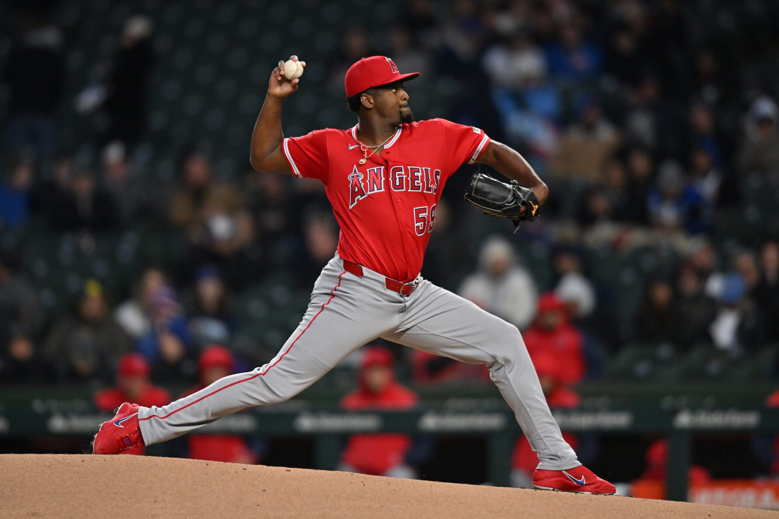 Mar 31, 2026; Chicago, Illinois, USA; Los Angeles Angels pitcher Jose Soriano (59) pitches against the Chicago Cubs during the first inning at Wrigley Field. Mandatory Credit: Patrick Gorski-Imagn Images