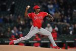 Mar 31, 2026; Chicago, Illinois, USA; Los Angeles Angels pitcher Jose Soriano (59) pitches against the Chicago Cubs during the first inning at Wrigley Field. Mandatory Credit: Patrick Gorski-Imagn Images