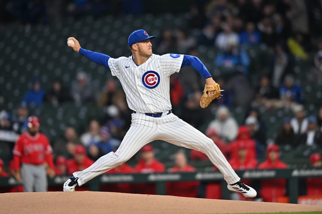 Mar 31, 2026; Chicago, Illinois, USA; Chicago Cubs pitcher Jameson Taillon (50) pitches against the Los Angeles Angels during the first inning at Wrigley Field. Mandatory Credit: Patrick Gorski-Imagn Images