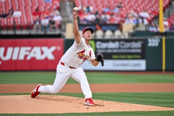 Mar 31, 2026; St. Louis, Missouri, USA; St. Louis Cardinals starting pitcher Andre Pallante (53) pitches against the New York Mets during the first inning at Busch Stadium. Mandatory Credit: Jeff Curry-Imagn Images