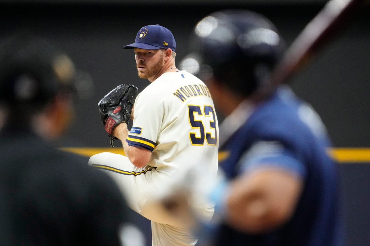 Mar 31, 2026; Milwaukee, Wisconsin, USA; Milwaukee Brewers pitcher Brandon Woodruff (53) delivers a pitch against the Tampa Bay Rays in the first inning at American Family Field. Mandatory Credit: Michael McLoone-Imagn Images