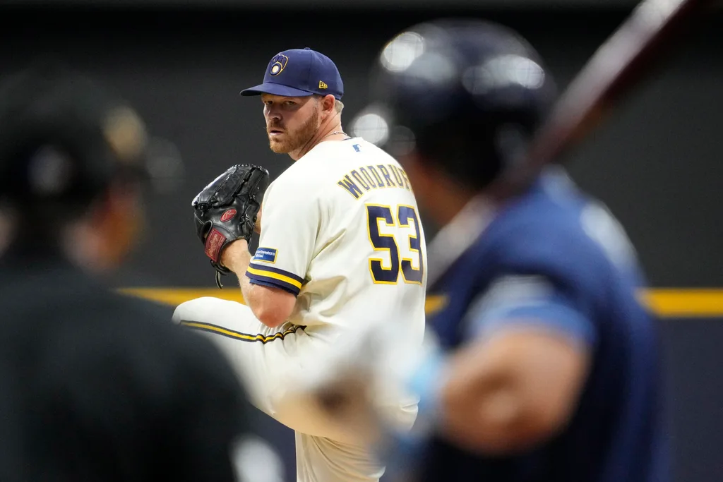 Mar 31, 2026; Milwaukee, Wisconsin, USA; Milwaukee Brewers pitcher Brandon Woodruff (53) delivers a pitch against the Tampa Bay Rays in the first inning at American Family Field. Mandatory Credit: Michael McLoone-Imagn Images