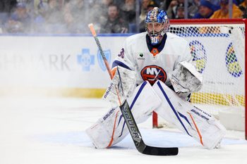 Mar 31, 2026; Buffalo, New York, USA;  New York Islanders goaltender Ilya Sorokin (30) looks for the puck during the second period against the Buffalo Sabres at KeyBank Center. Mandatory Credit: Timothy T. Ludwig-Imagn Images