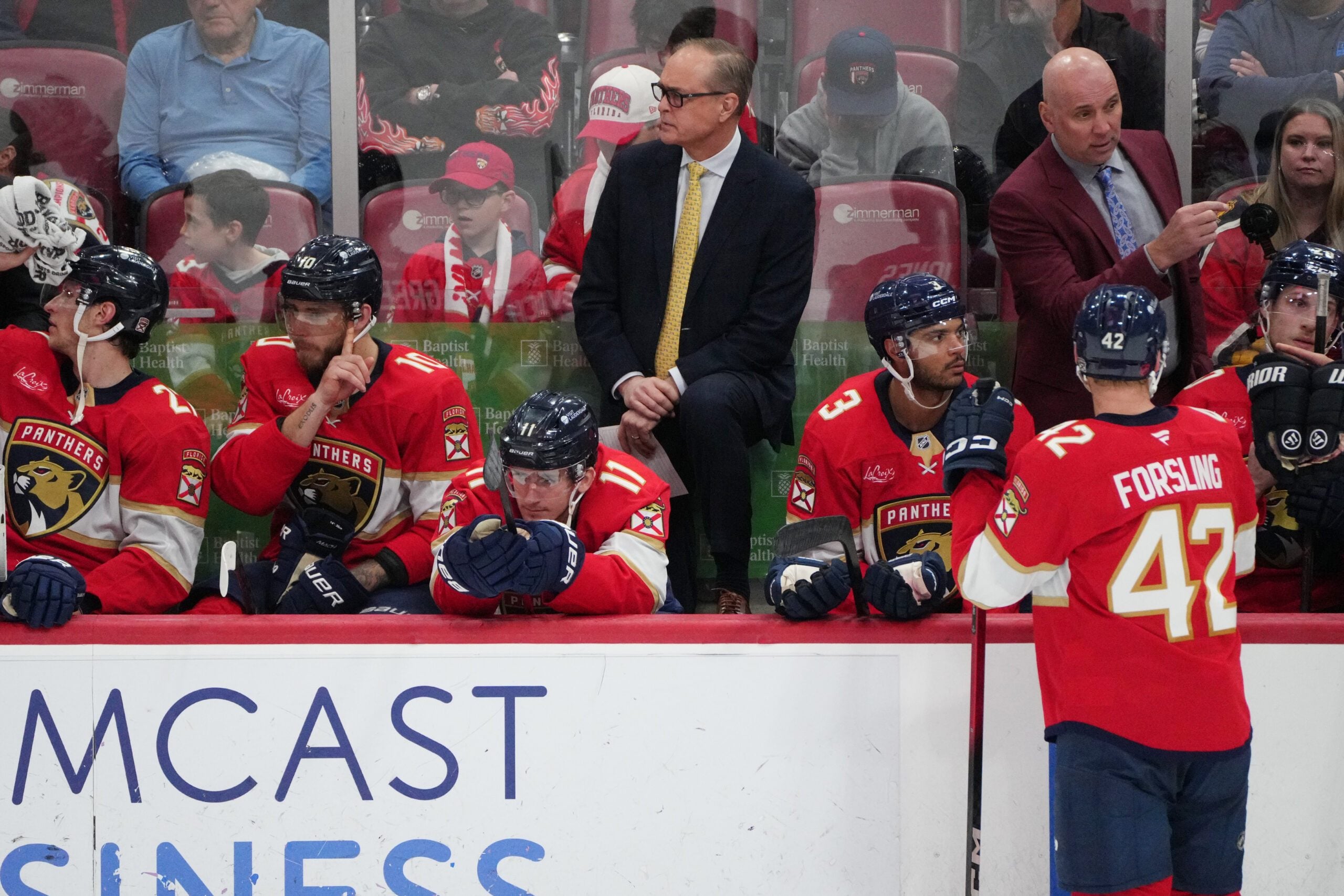 Mar 31, 2026; Sunrise, Florida, USA;  Florida Panthers head coach Paul Maurice looks on during the third period against the Ottawa Senators at Amerant Bank Arena. Mandatory Credit: Jim Rassol-Imagn Images