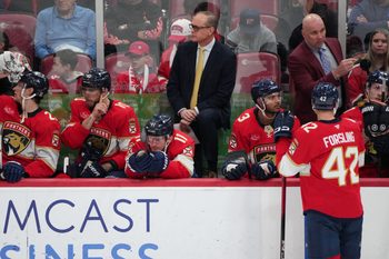 Mar 31, 2026; Sunrise, Florida, USA;  Florida Panthers head coach Paul Maurice looks on during the third period against the Ottawa Senators at Amerant Bank Arena. Mandatory Credit: Jim Rassol-Imagn Images
