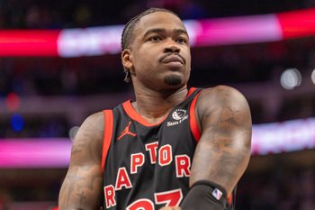 Mar 31, 2026; Detroit, Michigan, USA; Toronto Raptors Jamal Shead (23) walks off the court after loosing to the Detroit Pistons at Little Caesars Arena. Mandatory Credit: David Reginek-Imagn Images