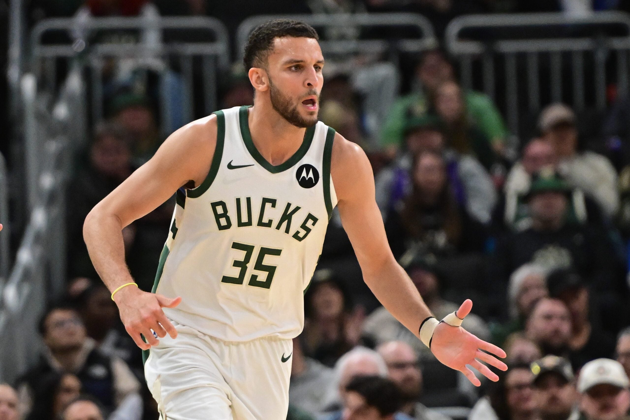 Mar 31, 2026; Milwaukee, Wisconsin, USA; Milwaukee Bucks forward Pete Nance (35) reacts after scoring a three point basket in the fourth quarter against the Dallas Mavericks at Fiserv Forum. Mandatory Credit: Benny Sieu-Imagn Images