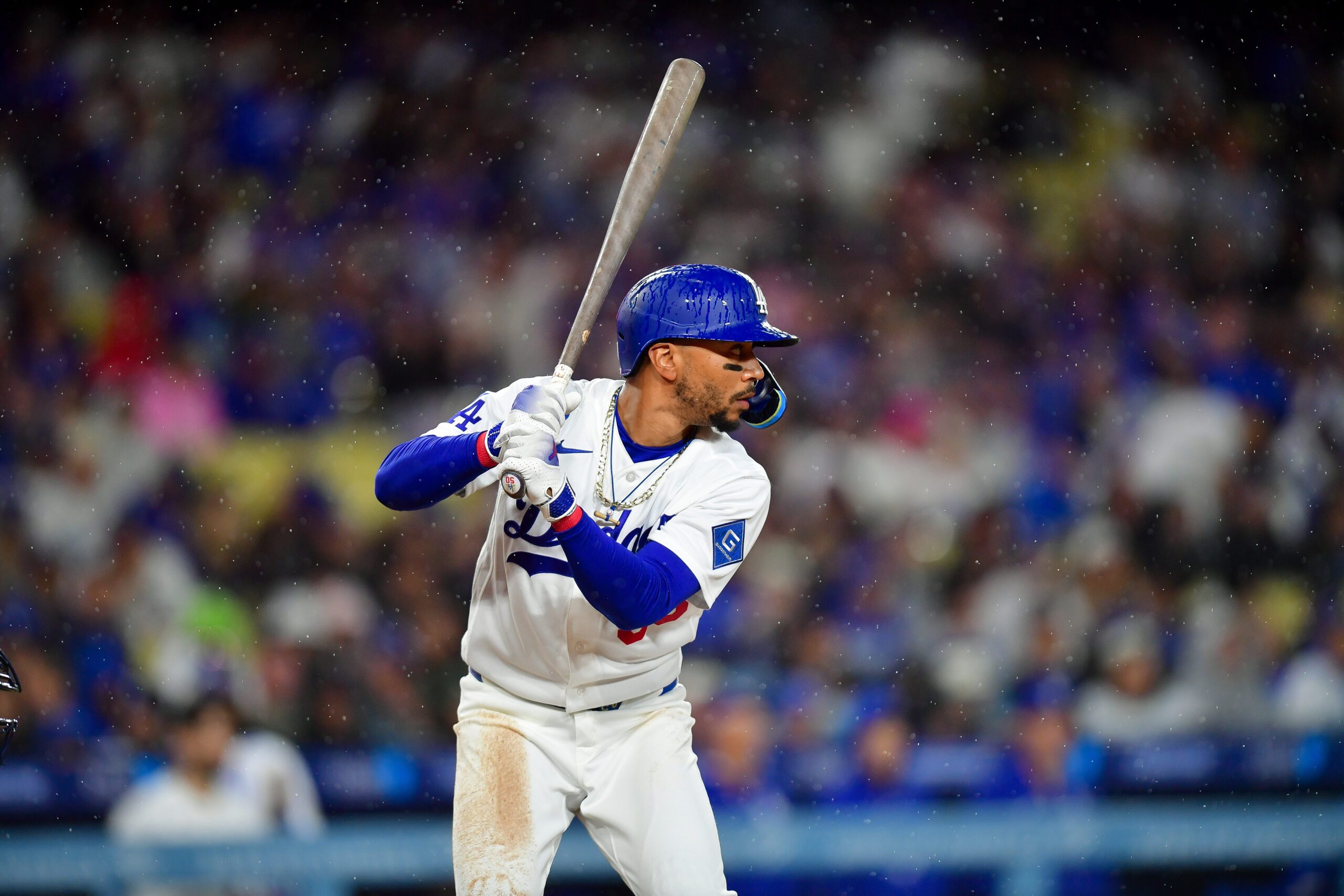 Mar 31, 2026; Los Angeles, California, USA; Los Angeles Dodgers shortstop Mookie Betts (50) at bat against the Cleveland Guardians during the fifth inning at Dodger Stadium. Mandatory Credit: Gary A. Vasquez-Imagn Images