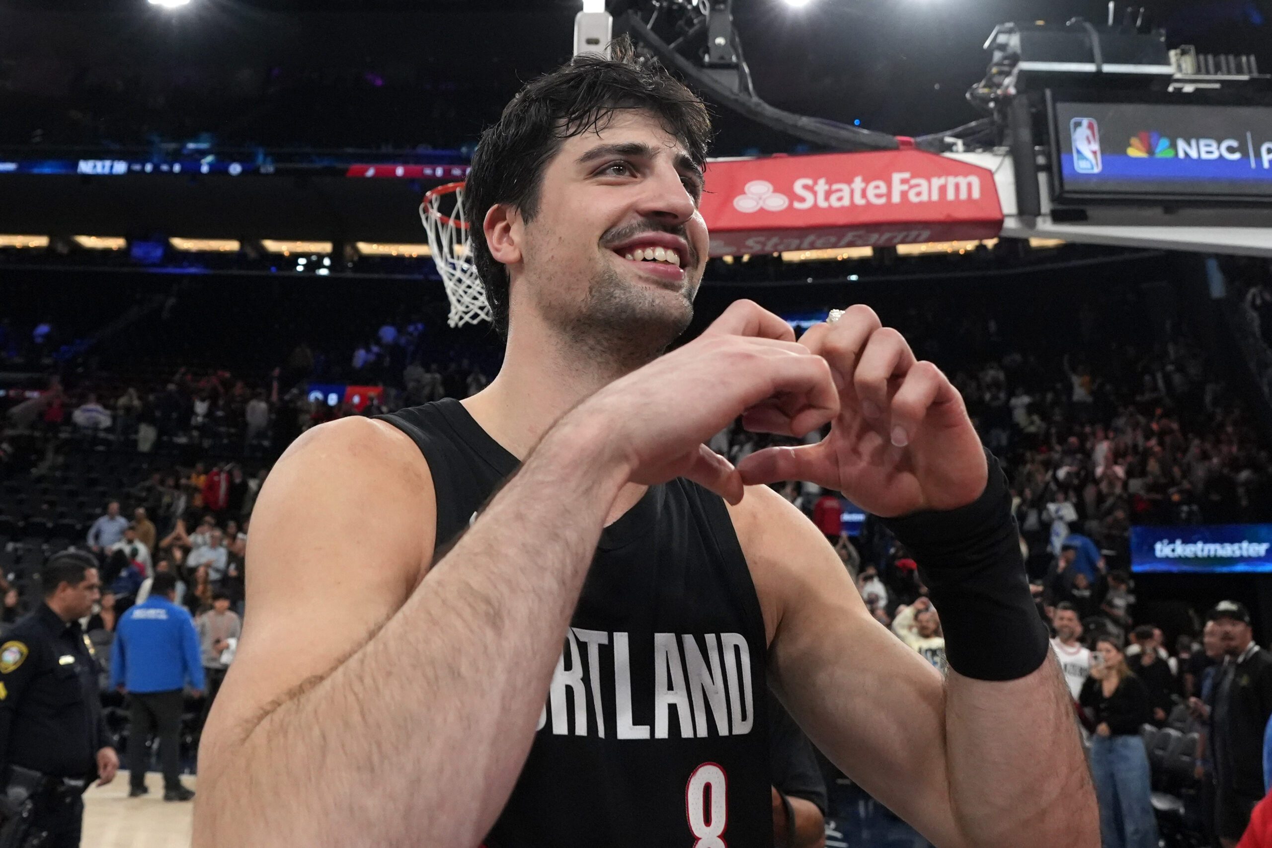 Mar 31, 2026; Inglewood, California, USA; Portland Trail Blazers forward Deni Avdija (8) gestures after the game against the LA Clippers at the Intuit Dome. Mandatory Credit: Kirby Lee-Imagn Images
