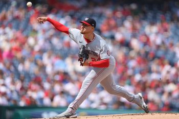 Apr 1, 2026; Philadelphia, Pennsylvania, USA; Washington Nationals pitcher Cade Cavalli (24) throws a pitch during the first inning against the Philadelphia Phillies at Citizens Bank Park. Mandatory Credit: Bill Streicher-Imagn Images