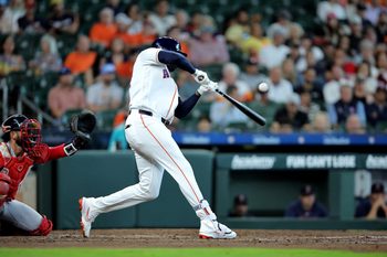 Apr 1, 2026; Houston, Texas, USA; Houston Astros designated hitter Yordan Alvarez (44) hits a double against the Boston Red Sox during the third inning at Daikin Park. Mandatory Credit: Erik Williams-Imagn Images