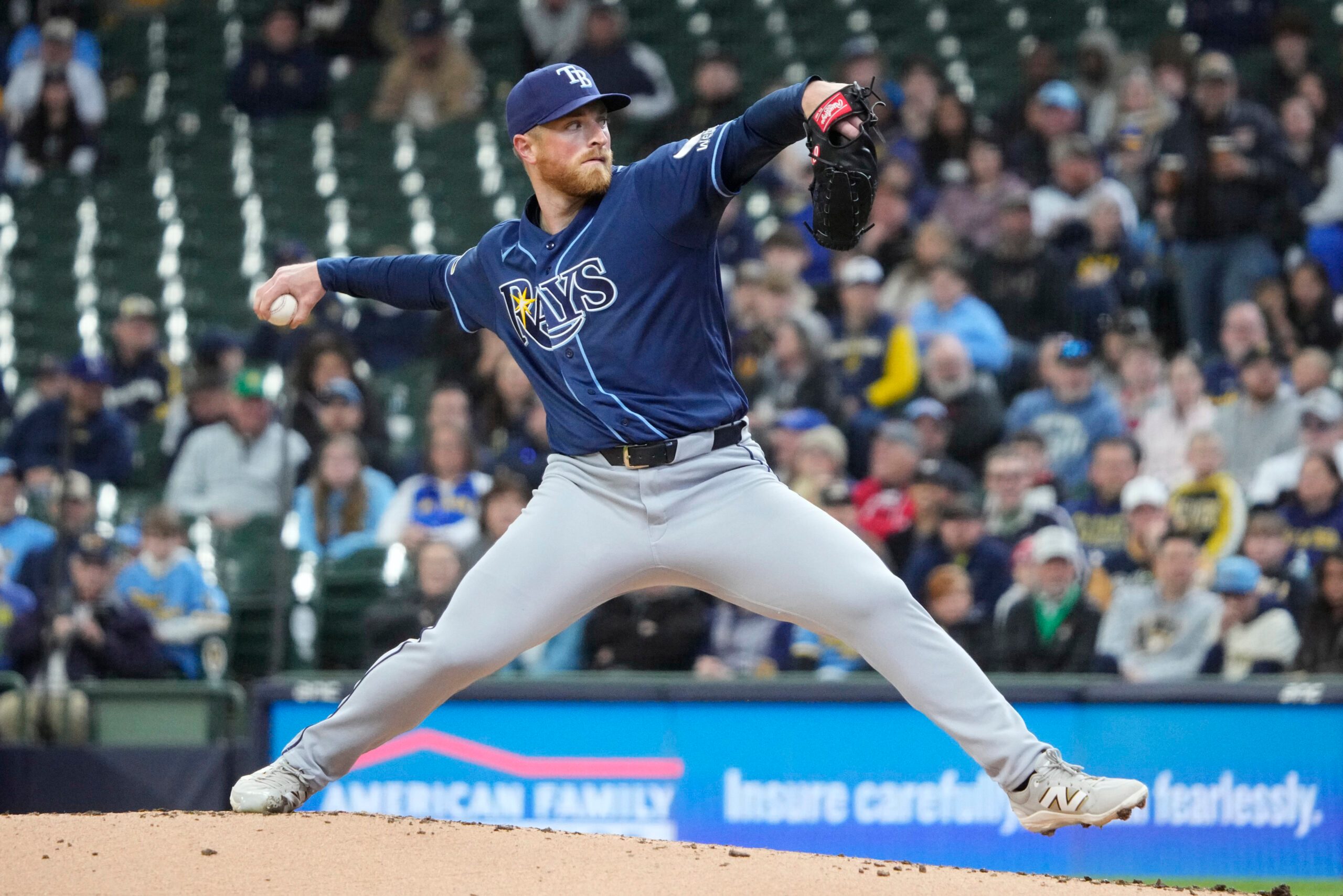 Apr 1, 2026; Milwaukee, Wisconsin, USA;  Tampa Bay Rays pitcher Drew Rasmussen (57) delivers a pitch against the Milwaukee Brewers in the third inning at American Family Field. Mandatory Credit: Michael McLoone-Imagn Images