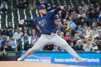 Apr 1, 2026; Milwaukee, Wisconsin, USA;  Tampa Bay Rays pitcher Drew Rasmussen (57) delivers a pitch against the Milwaukee Brewers in the third inning at American Family Field. Mandatory Credit: Michael McLoone-Imagn Images