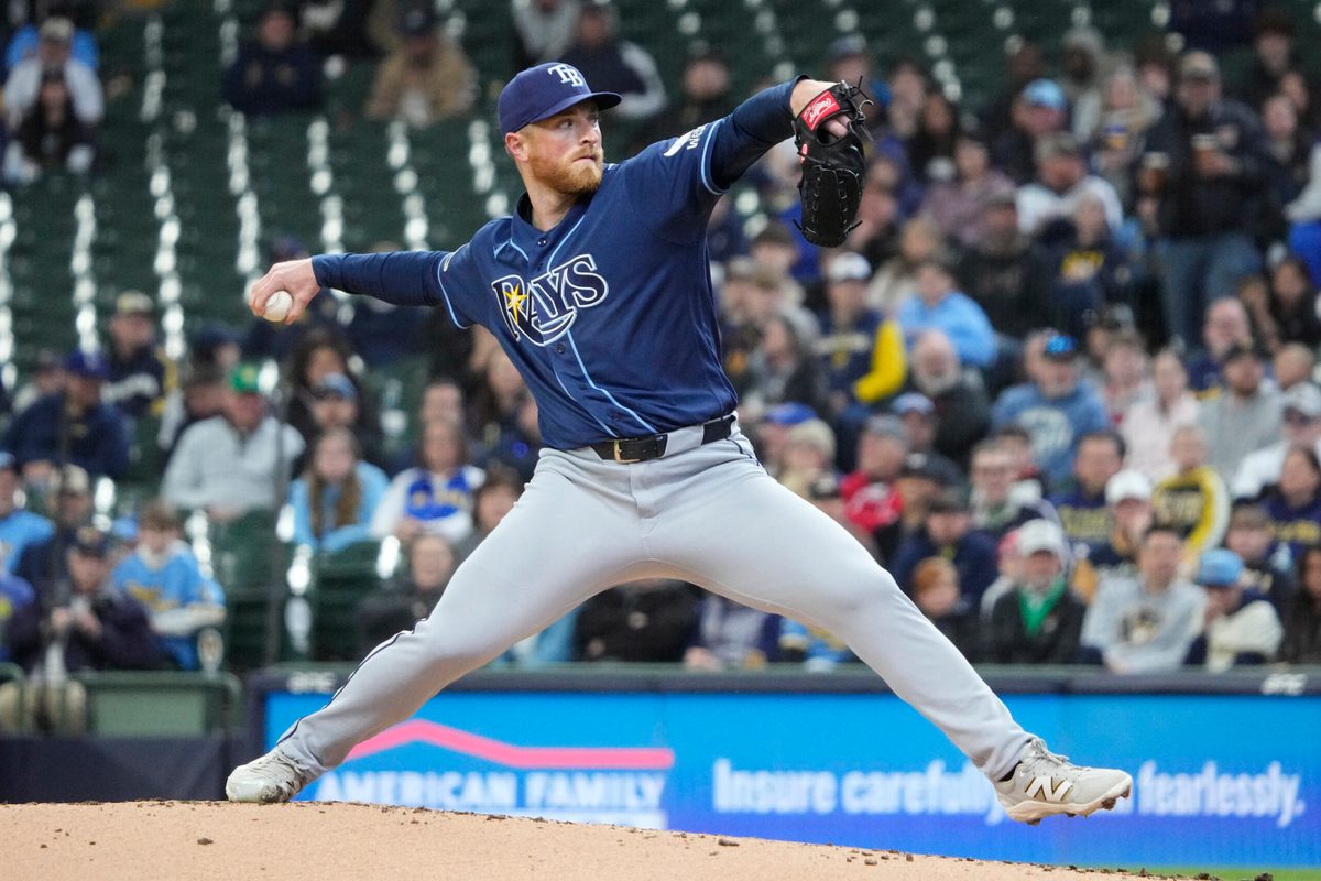 Apr 1, 2026; Milwaukee, Wisconsin, USA; Tampa Bay Rays pitcher Drew Rasmussen (57) delivers a pitch against the Milwaukee Brewers in the third inning at American Family Field. Mandatory Credit: Michael McLoone-Imagn Images