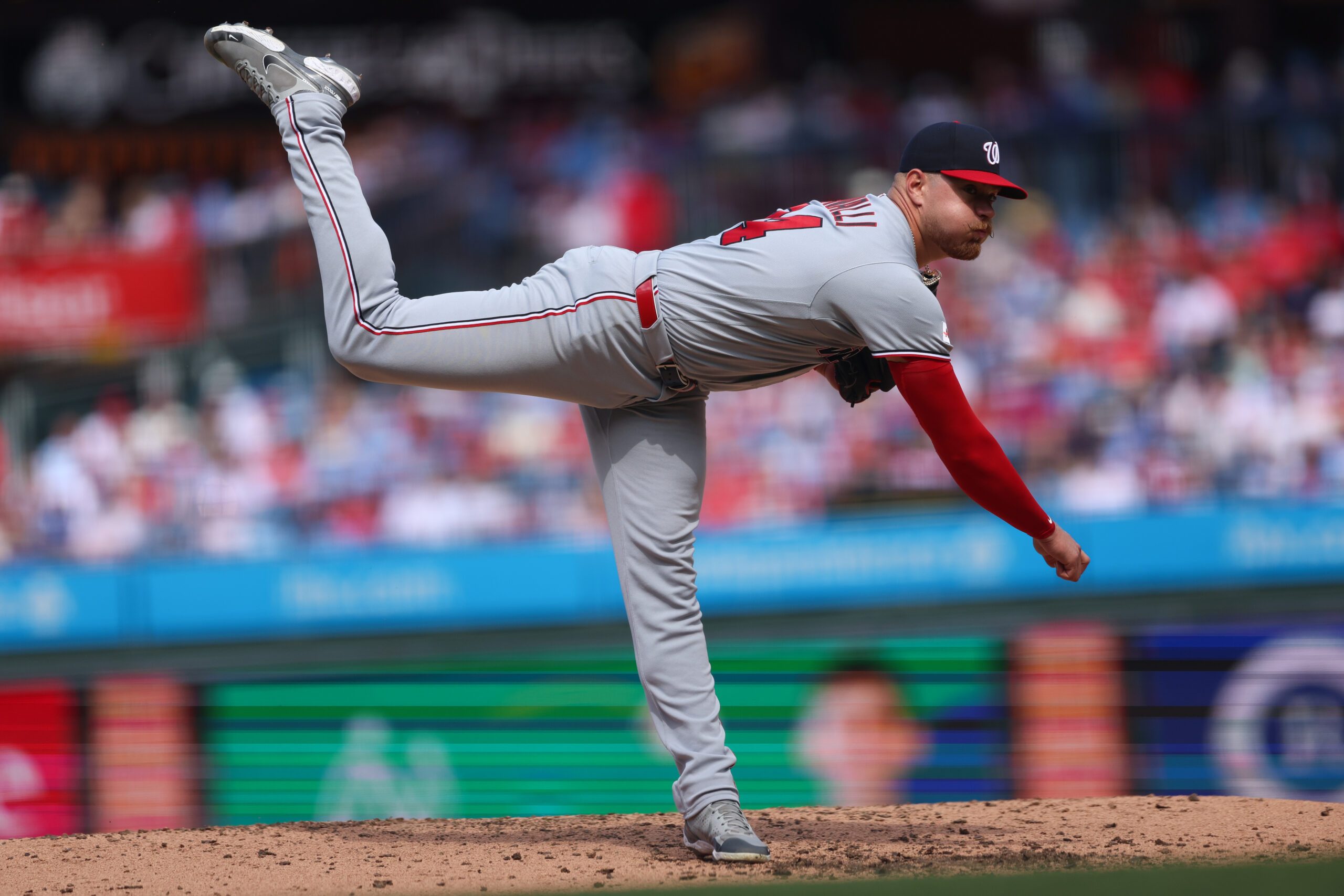 Apr 1, 2026; Philadelphia, Pennsylvania, USA; Washington Nationals pitcher Cade Cavalli (24) throws a pitch during the fourth inning against the Philadelphia Phillies at Citizens Bank Park. Mandatory Credit: Bill Streicher-Imagn Images
