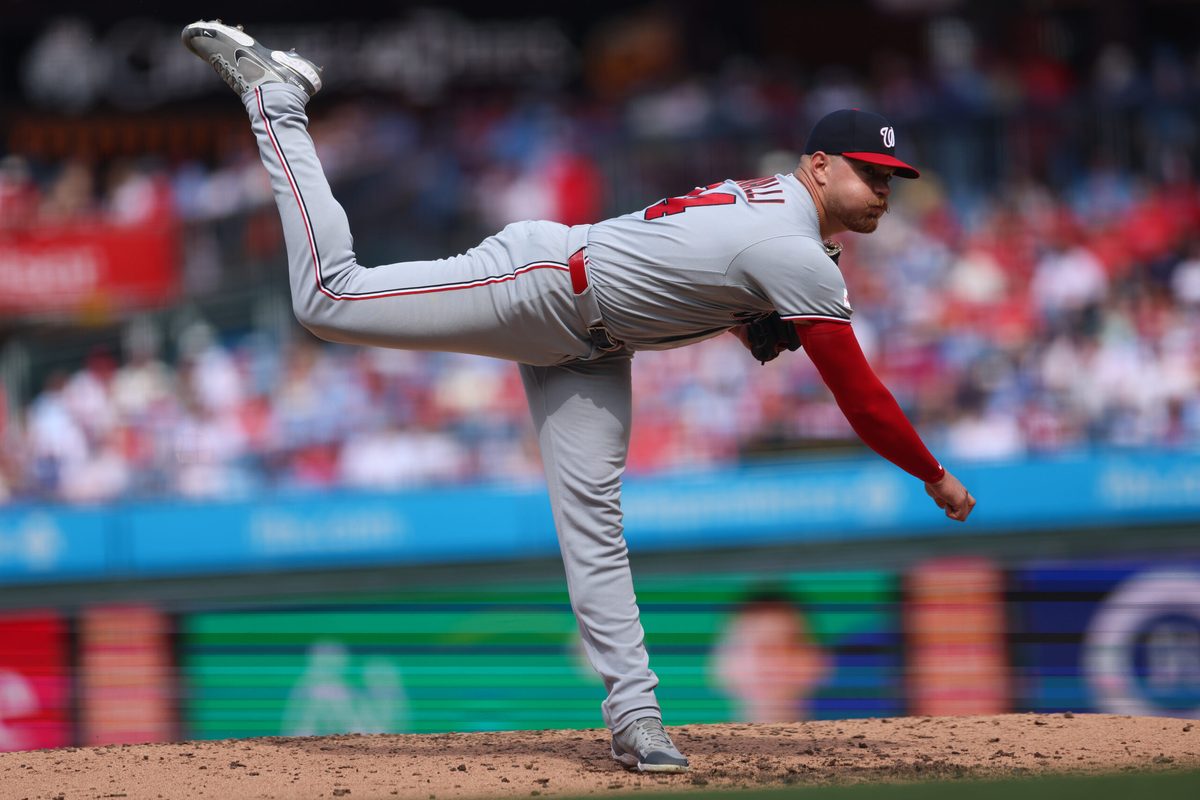 Apr 1, 2026; Philadelphia, Pennsylvania, USA; Washington Nationals pitcher Cade Cavalli (24) throws a pitch during the fourth inning against the Philadelphia Phillies at Citizens Bank Park. Mandatory Credit: Bill Streicher-Imagn Images