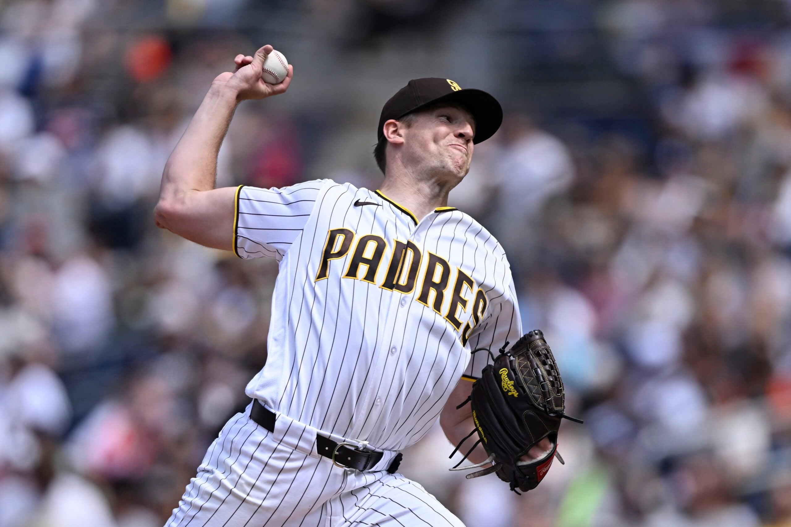 Apr 1, 2026; San Diego, California, USA; San Diego Padres starting pitcher Nick Pivetta (27) delivers during the first inning against the San Francisco Giants at Petco Park. Mandatory Credit: Denis Poroy-Imagn Images