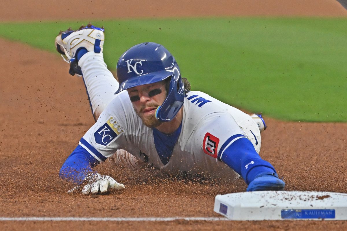 Apr 1, 2026; Kansas City, Missouri, USA; Kansas City Royals shortstop Bobby Witt Jr. (7) advances to third base on a wild pitch in the first inning against the Minnesota Twins at Kauffman Stadium. Mandatory Credit: Peter Aiken-Imagn Images
