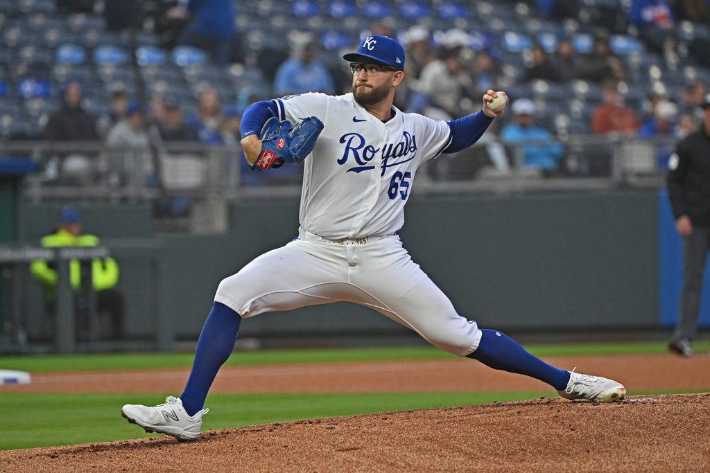 Apr 1, 2026; Kansas City, Missouri, USA; Kansas City Royals starting pitcher Noah Cameron (65) throws a pitch in the first inning against the Minnesota Twins at Kauffman Stadium. Mandatory Credit: Peter Aiken-Imagn Images