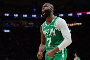 Apr 1, 2026; Miami, Florida, USA; Boston Celtics guard Jaylen Brown (7) reacts against the Miami Heat during the third quarter at Kaseya Center. Mandatory Credit: Sam Navarro-Imagn Images