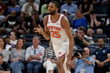 Apr 1, 2026; Memphis, Tennessee, USA; New York Knicks guard Mikal Bridges (25) reacts after a basket during the fourth quarter against the Memphis Grizzlies at FedExForum. Mandatory Credit: Petre Thomas-Imagn Images