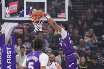 Apr 1, 2026; Salt Lake City, Utah, USA;  Utah Jazz forward Ace Bailey (19) dunks the ball during the second half against the Denver Nuggets at Delta Center. Mandatory Credit: Chris Nicoll-Imagn Images