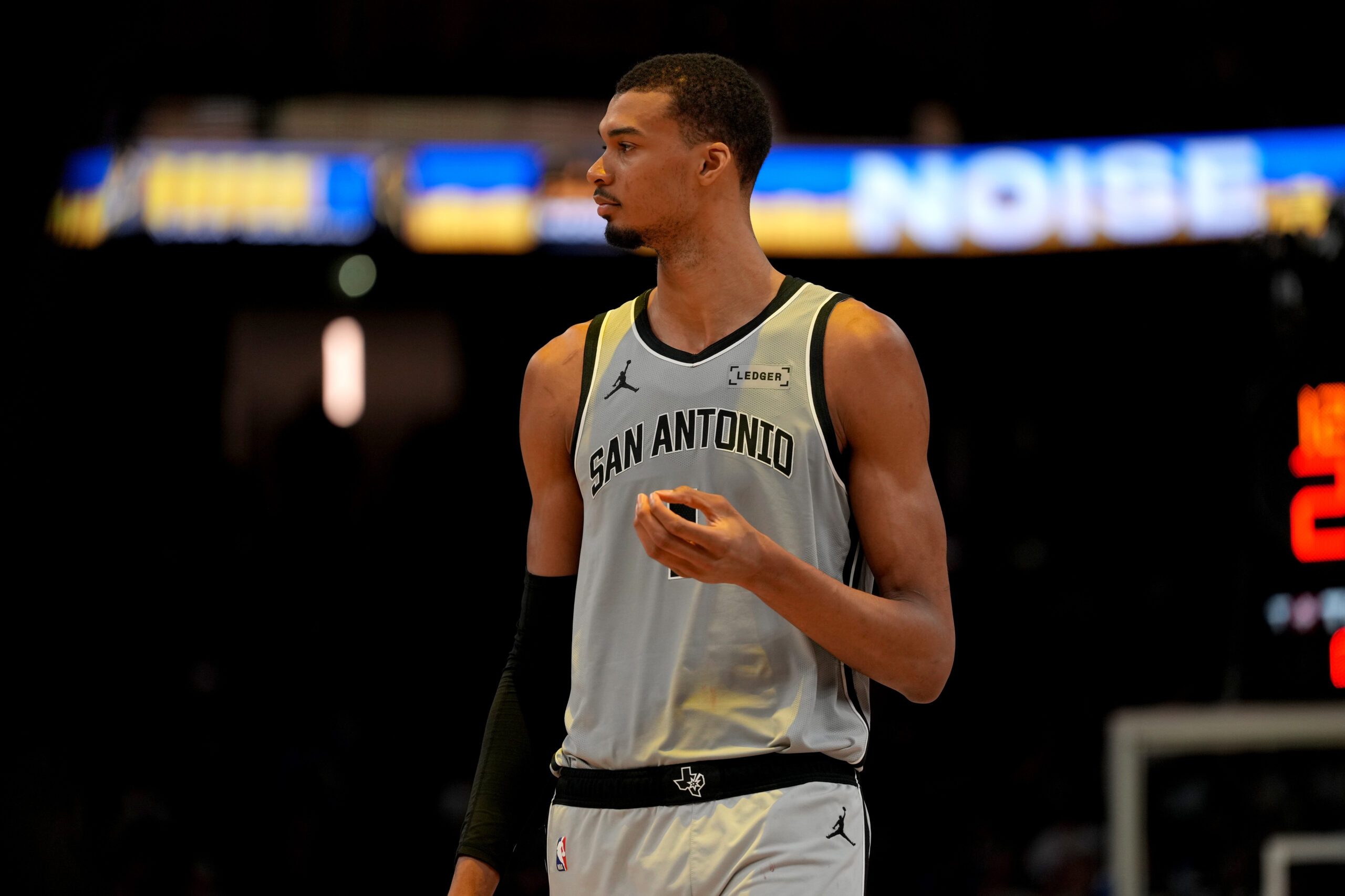Apr 1, 2026; San Francisco, California, USA; San Antonio Spurs center Victor Wembanyama (1) stands on the court during a timeout against the Golden State Warriors in the fourth quarter at the Chase Center. Mandatory Credit: Cary Edmondson-Imagn Images
