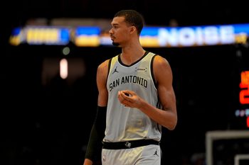 Apr 1, 2026; San Francisco, California, USA; San Antonio Spurs center Victor Wembanyama (1) stands on the court during a timeout against the Golden State Warriors in the fourth quarter at the Chase Center. Mandatory Credit: Cary Edmondson-Imagn Images