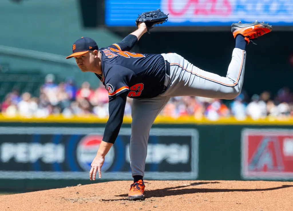 Apr 1, 2026; Phoenix, Arizona, USA; Detroit Tigers pitcher Tarik Skubal against the Arizona Diamondbacks at Chase Field. Mandatory Credit: Mark J. Rebilas-Imagn Images