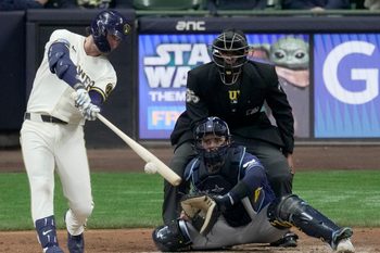 Mar 30, 2026; Milwaukee, Wisconsin, USA;  Milwaukee Brewers second baseman Brice Turang (2) hits a double during the sixth inning against the Tampa Bay Rays at American Family Field. Mandatory Credit: Mark Hoffman/USA TODAY Network via Imagn Images
