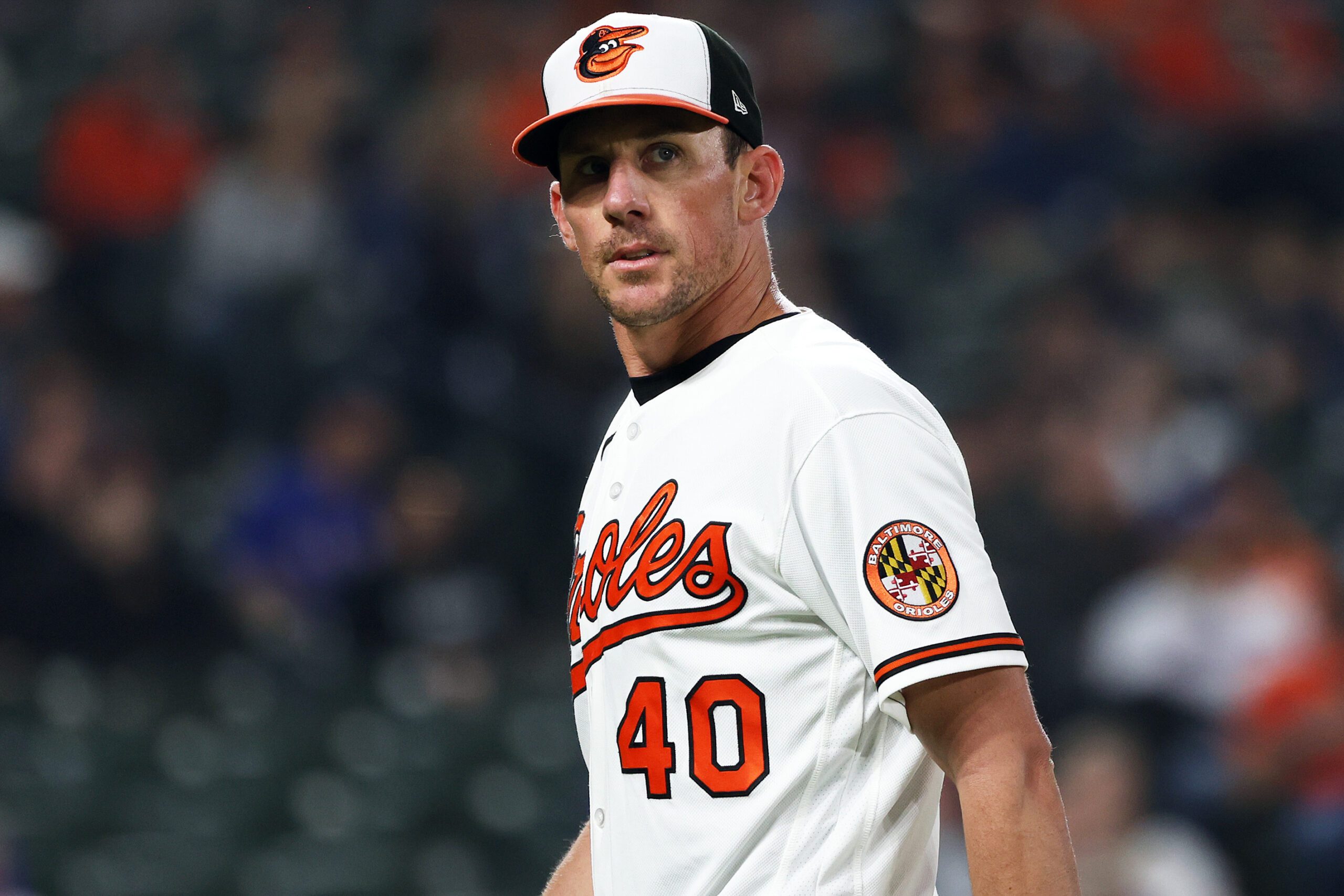 Mar 30, 2026; Baltimore, Maryland, USA; Baltimore Orioles pitcher Chris Bassitt (40) looks on during the fifth inning against the Texas Rangers at Oriole Park at Camden Yards. Mandatory Credit: Daniel Kucin Jr.-Imagn Images