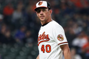 Mar 30, 2026; Baltimore, Maryland, USA; Baltimore Orioles pitcher Chris Bassitt (40) looks on during the fifth inning against the Texas Rangers at Oriole Park at Camden Yards. Mandatory Credit: Daniel Kucin Jr.-Imagn Images