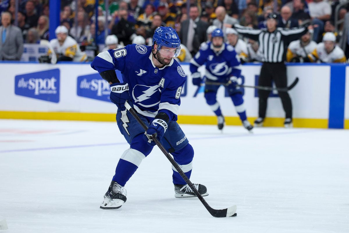 Apr 2, 2026; Tampa, Florida, USA; Tampa Bay Lightning right wing Nikita Kucherov (86) controls the puck against the Pittsburgh Penguins in the third period at Benchmark International Arena. Mandatory Credit: Nathan Ray Seebeck-Imagn Images