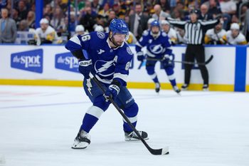 Apr 2, 2026; Tampa, Florida, USA; Tampa Bay Lightning right wing Nikita Kucherov (86) controls the puck against the Pittsburgh Penguins in the third period at Benchmark International Arena. Mandatory Credit: Nathan Ray Seebeck-Imagn Images