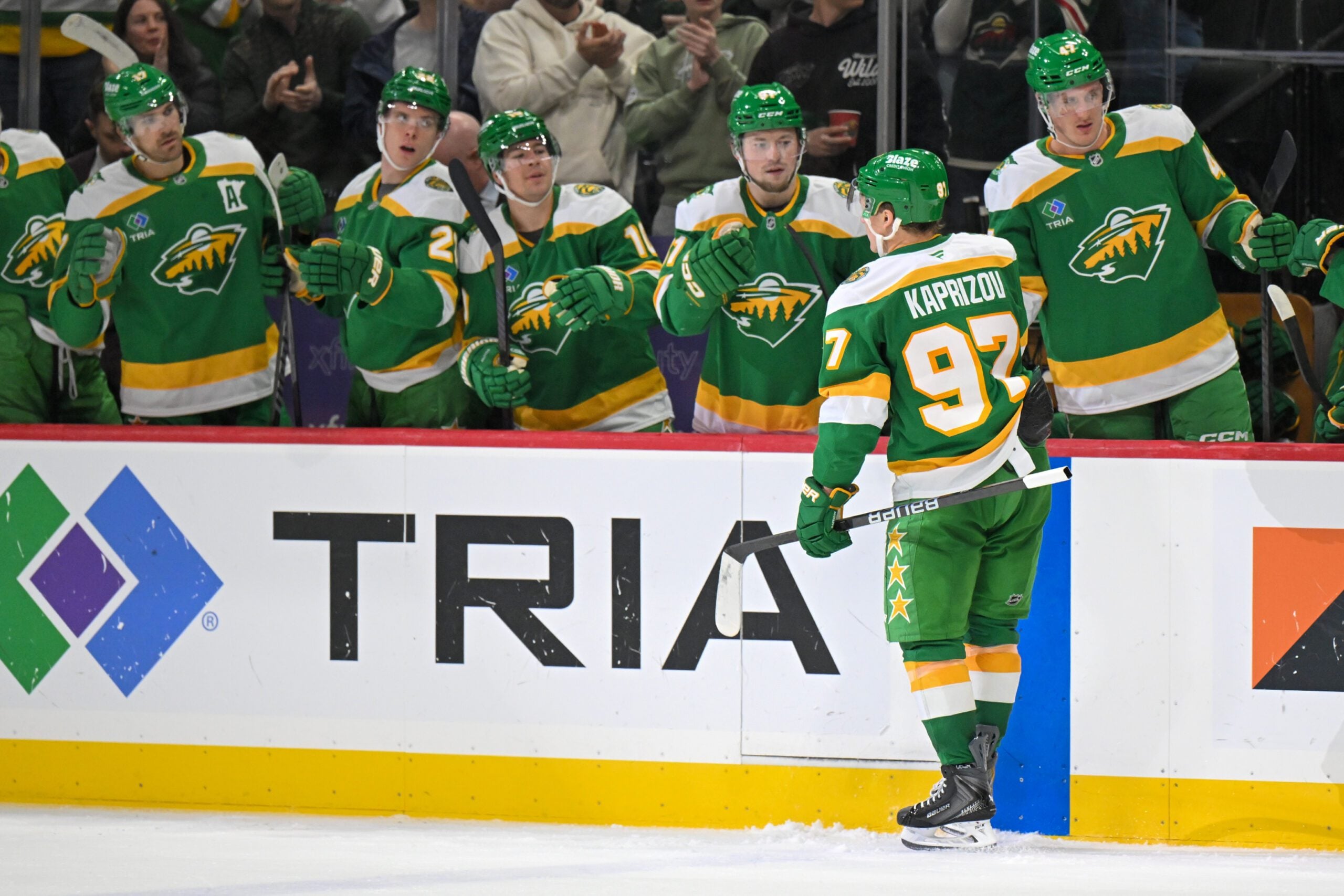 Apr 2, 2026; Saint Paul, Minnesota, USA; Minnesota Wild forward Kirill Kaprizov (97) celebrates his goal against the Vancouver Canucks during the second period at Grand Casino Arena. Mandatory Credit: Nick Wosika-Imagn Images
