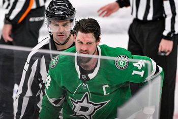 Apr 2, 2026; Dallas, Texas, USA; Dallas Stars left wing Jamie Benn (14) skates off the ice after fighting Winnipeg Jets center Adam Lowry (not pictured) during the third period at the American Airlines Center. Mandatory Credit: Jerome Miron-Imagn Images