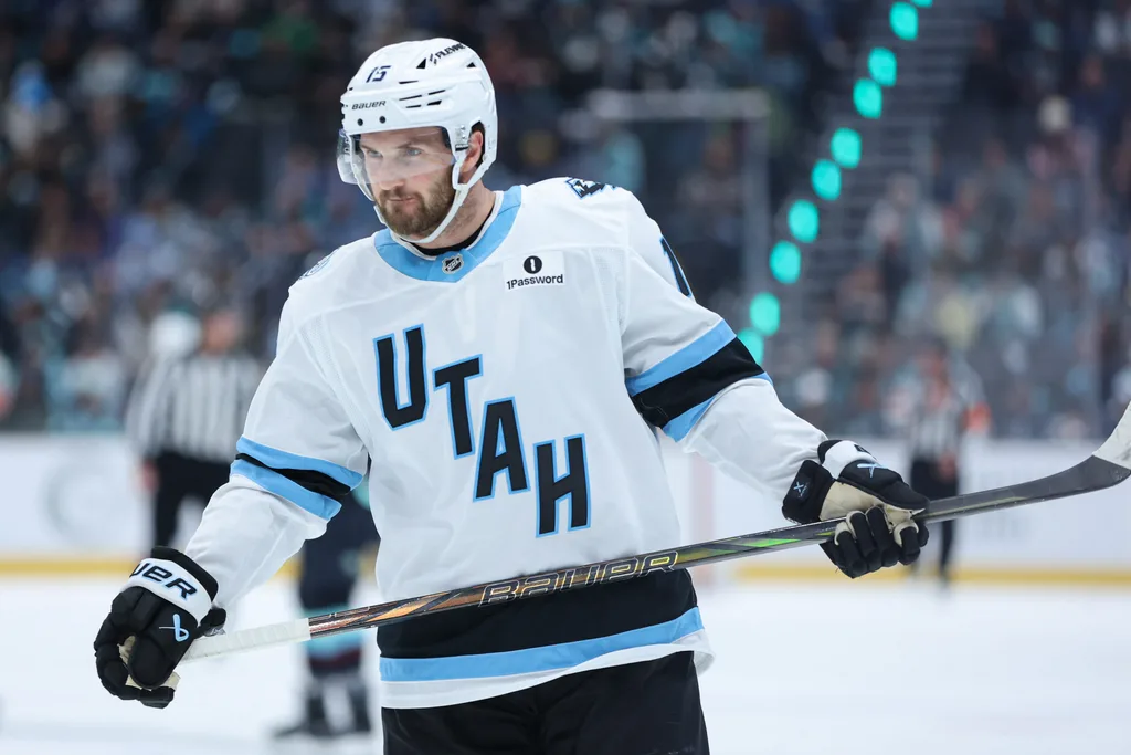 Apr 2, 2026; Seattle, Washington, USA; Utah Mammoth center Alexander Kerfoot (15) looks on during a break in play in the second period against the Seattle Kraken at Climate Pledge Arena. Mandatory Credit: Kevin Ng-Imagn Images