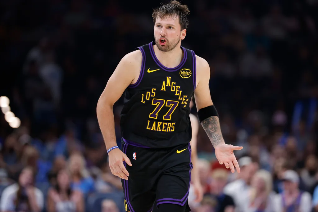 Apr 2, 2026; Oklahoma City, Oklahoma, USA; Los Angeles Lakers guard Luka Doncic (77) reacts after a play against the Oklahoma City Thunder during the second half at Paycom Center. Mandatory Credit: Alonzo Adams-Imagn Images