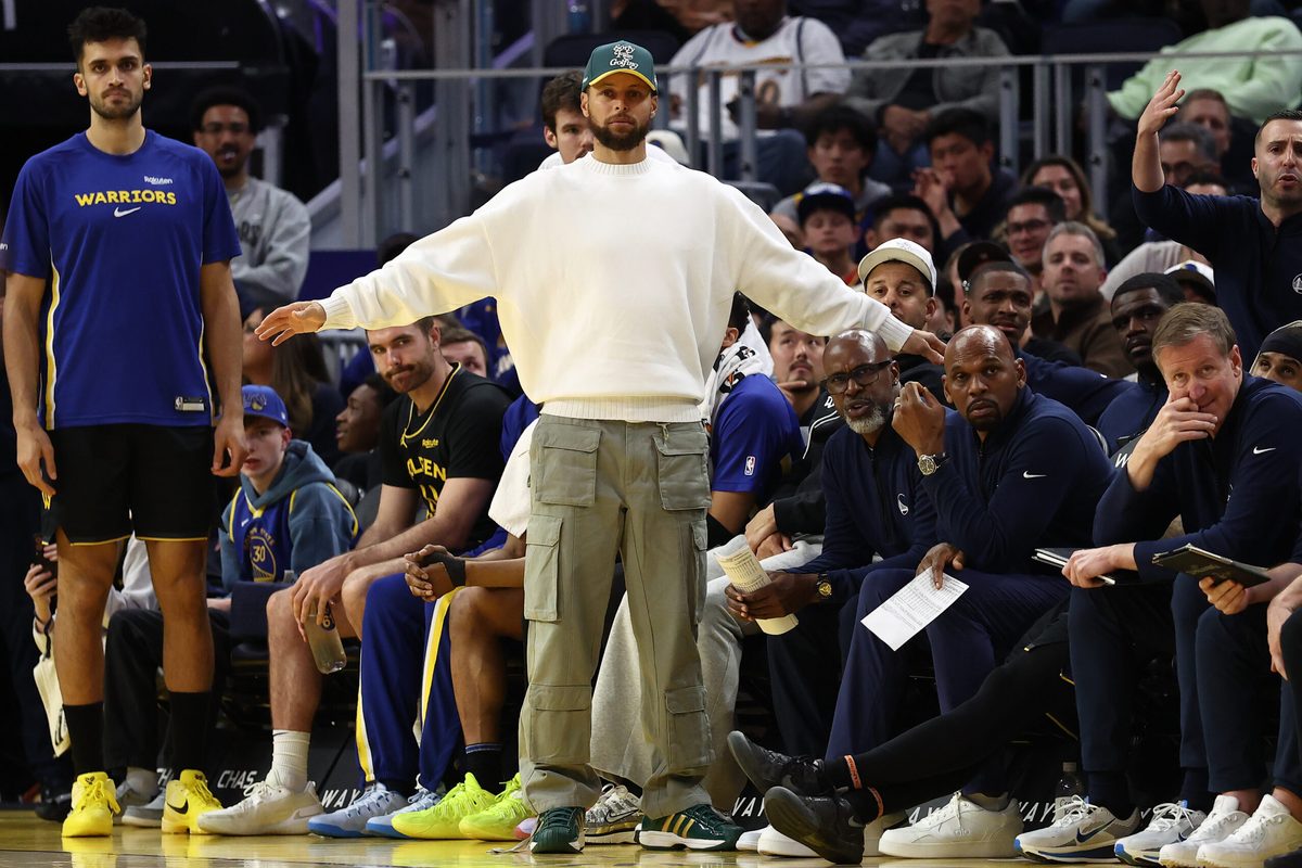 Apr 2, 2026; San Francisco, California, USA; Golden State Warriors guard Stephen Curry stands on the sideline during the fourth quarter against the Cleveland Cavaliers at Chase Center. Mandatory Credit: Kelley L Cox-Imagn Images